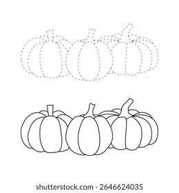 Pumpkin coloring pages for kids. Trace and color pumpkin thanksgiving. Pumpkin clipart outline vector. Thanksgiving fun activity coloring pumpkin vegetable for Kindergarten and preschool.