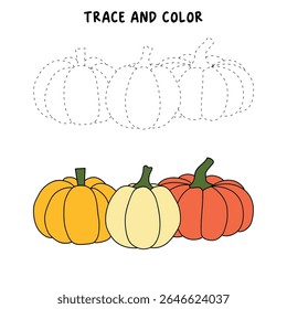 Pumpkin coloring pages for kids. Trace and color pumpkin thanksgiving. Pumpkin clipart outline vector. Thanksgiving fun activity coloring pumpkin vegetable for Kindergarten and preschool.