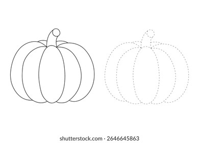 Pumpkin coloring pages for kids. Trace and color pumpkin thanksgiving. Pumpkin clipart outline vector. Thanksgiving fun activity coloring pumpkin vegetable for Kindergarten and preschool.