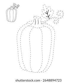 Pumpkin coloring pages for kids. Trace and color pumpkin thanksgiving. Pumpkin clipart outline vector. Thanksgiving fun activity coloring pumpkin vegetable for Kindergarten and preschool.