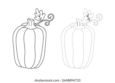 Pumpkin coloring pages for kids. Trace and color pumpkin thanksgiving. Pumpkin clipart outline vector. Thanksgiving fun activity coloring pumpkin vegetable for Kindergarten and preschool.
