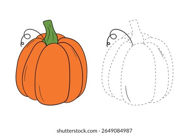 Pumpkin coloring pages for kids. Trace and color pumpkin thanksgiving. Pumpkin clipart outline vector. Thanksgiving fun activity coloring pumpkin vegetable for Kindergarten and preschool.
