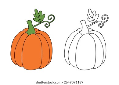 Pumpkin coloring pages for kids. Trace and color pumpkin thanksgiving. Pumpkin clipart outline vector. Thanksgiving fun activity coloring pumpkin vegetable for Kindergarten and preschool.
