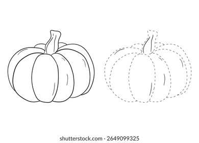 Pumpkin coloring pages for kids. Trace and color pumpkin thanksgiving. Pumpkin clipart outline vector. Thanksgiving fun activity coloring pumpkin vegetable for Kindergarten and preschool.