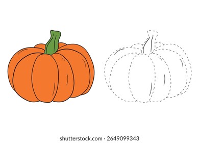 Pumpkin coloring pages for kids. Trace and color pumpkin thanksgiving. Pumpkin clipart outline vector. Thanksgiving fun activity coloring pumpkin vegetable for Kindergarten and preschool.
