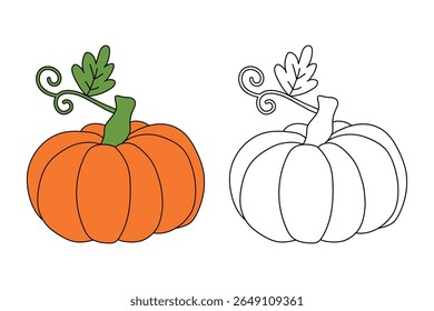 Pumpkin coloring pages for kids. Trace and color pumpkin thanksgiving. Pumpkin clipart outline vector. Thanksgiving fun activity coloring pumpkin vegetable for Kindergarten and preschool.