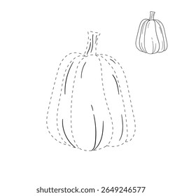 Pumpkin coloring pages for kids. Trace and color pumpkin thanksgiving. Pumpkin clipart outline vector. Thanksgiving fun activity coloring pumpkin vegetable for Kindergarten and preschool.
