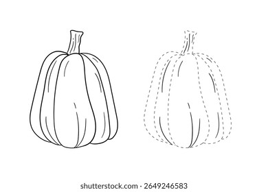 Pumpkin coloring pages for kids. Trace and color pumpkin thanksgiving. Pumpkin clipart outline vector. Thanksgiving fun activity coloring pumpkin vegetable for Kindergarten and preschool.