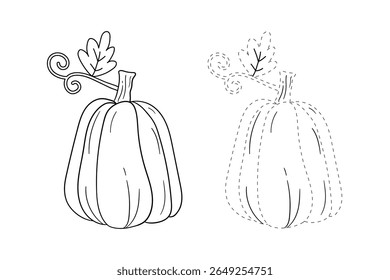 Pumpkin coloring pages for kids. Trace and color pumpkin thanksgiving. Pumpkin clipart outline vector. Thanksgiving fun activity coloring pumpkin vegetable for Kindergarten and preschool.