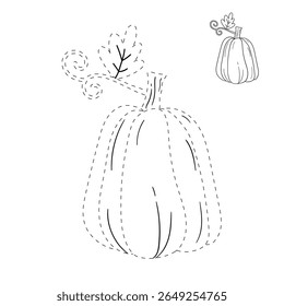 Pumpkin coloring pages for kids. Trace and color pumpkin thanksgiving. Pumpkin clipart outline vector. Thanksgiving fun activity coloring pumpkin vegetable for Kindergarten and preschool.
