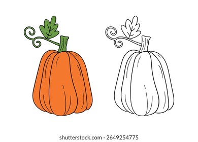 Pumpkin coloring pages for kids. Trace and color pumpkin thanksgiving. Pumpkin clipart outline vector. Thanksgiving fun activity coloring pumpkin vegetable for Kindergarten and preschool.