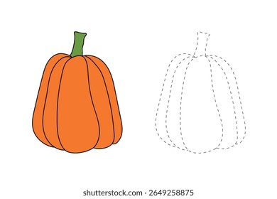Pumpkin coloring pages for kids. Trace and color pumpkin thanksgiving. Pumpkin clipart outline vector. Thanksgiving fun activity coloring pumpkin vegetable for Kindergarten and preschool.