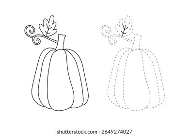 Pumpkin coloring pages for kids. Trace and color pumpkin thanksgiving. Pumpkin clipart outline vector. Thanksgiving fun activity coloring pumpkin vegetable for Kindergarten and preschool.