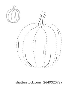 Pumpkin coloring pages for kids. Trace and color pumpkin thanksgiving. Pumpkin clipart outline vector. Thanksgiving fun activity coloring pumpkin vegetable for Kindergarten and preschool.