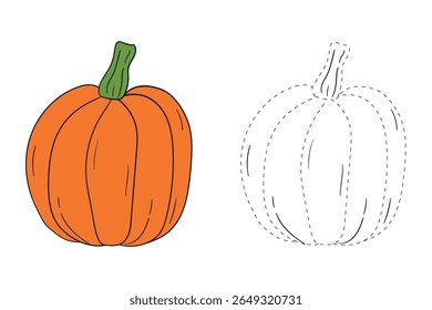 Pumpkin coloring pages for kids. Trace and color pumpkin thanksgiving. Pumpkin clipart outline vector. Thanksgiving fun activity coloring pumpkin vegetable for Kindergarten and preschool.