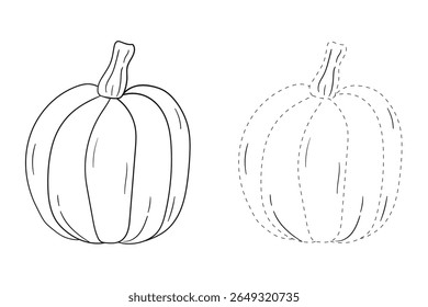Pumpkin coloring pages for kids. Trace and color pumpkin thanksgiving. Pumpkin clipart outline vector. Thanksgiving fun activity coloring pumpkin vegetable for Kindergarten and preschool.