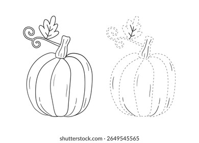 Pumpkin coloring pages for kids. Trace and color pumpkin thanksgiving. Pumpkin clipart outline vector. Thanksgiving fun activity coloring pumpkin vegetable for Kindergarten and preschool.