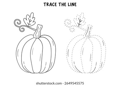 Pumpkin coloring pages for kids. Trace and color pumpkin thanksgiving. Pumpkin clipart outline vector. Thanksgiving fun activity coloring pumpkin vegetable for Kindergarten and preschool.