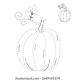 Pumpkin coloring pages for kids. Trace and color pumpkin thanksgiving. Pumpkin clipart outline vector. Thanksgiving fun activity coloring pumpkin vegetable for Kindergarten and preschool.