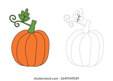Pumpkin coloring pages for kids. Trace and color pumpkin thanksgiving. Pumpkin clipart outline vector. Thanksgiving fun activity coloring pumpkin vegetable for Kindergarten and preschool.