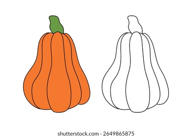 Dibujos para colorear de calabaza para niños. Trazo y color de la calabaza de acción de gracias. Vector de contorno de Clipart de calabaza. Acción de gracias divertida actividad para colorear calabaza vegetal para jardín de infantes y preescolar.