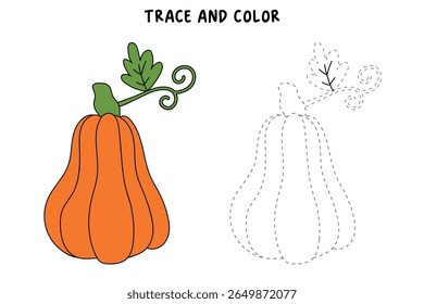 Páginas de coloração de abóbora para crianças. Dia de Ação de Graças à Abóbora Trace and Colour. Vetor de contorno de clipart de abóbora. Ação de Graças divertida atividade coloração vegetal de abóbora para jardim de infância e pré-escola.