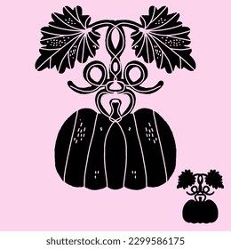 Pumpkin. Composition pumpkin with castings. Modern texture illustration in linocut style, symmetrical, with cut out ornament, and also just a grunge style silhouette. Black silhouette hand drawing. 