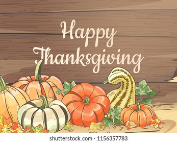 Pumpkin composition with leaves on wood background. Vector illustration