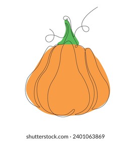 Pumpkin in continuous line art drawing style. One pumpkin minimalist black linear sketch with colored spots isolated on white background. Vector illustration