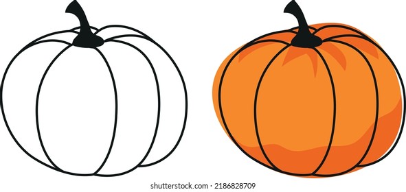 Pumpkin contour drawing, Halloween pumpkin in color and black outline, pumpkin silhouette on a white background