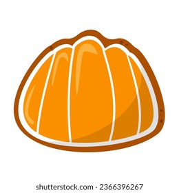 Pumpkin cookie vector isolated. Illustration of a sweet dessert for Halloween party. Tasty food, gingerbread cookie with orange and yellow icing. Pumpkin biscuit.