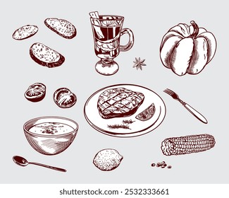 Abóbora, milho, vinho ruminado, sopa, bife de carne, limão, torrada, colher. Comida de outono. Ilustração gráfica vetorial. Menus de restaurante, cafés, banners.