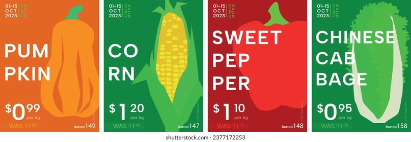 Calabaza, maíz, pimienta dulce, col china. Cartel de verduras colorido en un diseño plano. Precio, etiqueta o afiche. Ilustración vectorial plana.