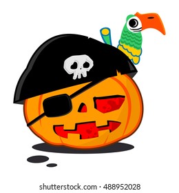 Pumpkin in costume pirate with a parrot. Vector character for Halloween isolated on a white background.