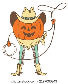 Ilustración de color del vector de rodeo de vaquero de calabaza imprimible. Calabaza de Halloween con sombrero de vaquero y botas de vaquero sostiene lazo aislado en fondo blanco.