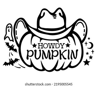 Pumpkin cowboy vector black graphic printable illustration. Halloween pumpkin wearing cowboy hat with howdy text isolated on white background.