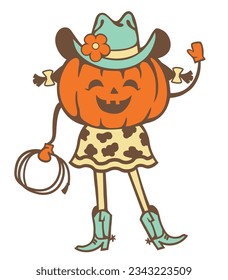 Pumpkin cowgirl rodeo vector printable color illustration. Halloween pumpkin wearing cowboy hat and cowboy boots holds lasso isolated on white background.