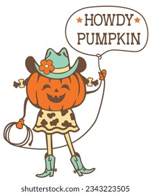 Pumpkin cowgirl vector printable color illustration. Halloween girl pumpkin wearing cowboy hat and cowboy boots drops lasso with howdy pumpkin text isolated on white background.