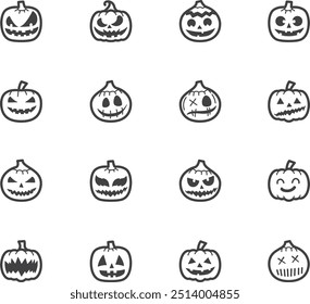 Pumpkin Craft Head Lantern Halloween Festival Decoration elements black icons set on white background, High Quality.