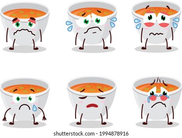 Pumpkin cream soup cartoon character with sad expression. Vector illustration