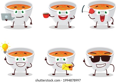 Pumpkin cream soup cartoon character with various types of business emoticons. Vector illustration