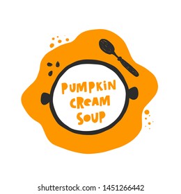 Pumpkin cream soup icon. Hand drawn vector illustration. Organic food. Farm product. Can be used for cafe, menu, shop, bar, restaurant, thanksgiving day, poster, sticker, logo, detox diet concept