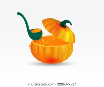 Pumpkin Cream Soup In Pumpkin And Soup Ladle Or Kitchen Spoon, Traditional Thanksgiving Food. Realistic Vector Illustration Isolated On A White Background