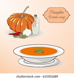Pumpkin cream soup set. Ingredients and soup in the plate on the light  background.
