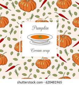 Pumpkin cream soup set. Ingredients and soup in the plate on the vegetables and spices  background.
