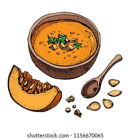 Pumpkin cream soup vector drawing set  Isolated hand drawn bowl soup  sliced piece pumpkin   seeds  Vegetable cartoon style illustration  Detailed vegetarian food sketch  