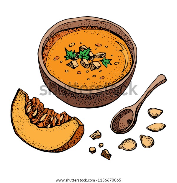 カボチャクリームスープのベクター画像描画セット 手描きのスープ カボチャのスライス片 種子 野菜漫画のスタイルのイラスト 精進料理のスケッチ のベクター画像素材 ロイヤリティフリー