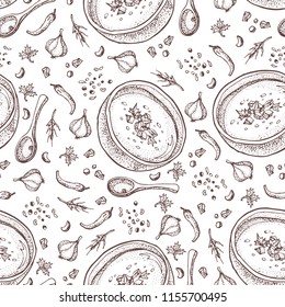 Pumpkin cream soup vector seamless pattern  Isolated hand drawn bowl soup  spoon  spices  sliced piece pumpkin   seeds  Vegetable doodle style background  Detailed vegetarian food sketch  