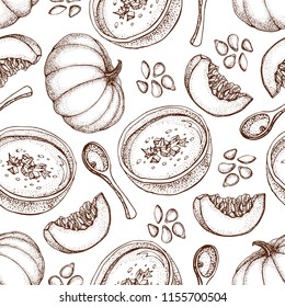Pumpkin cream soup vector seamless pattern. Isolated hand drawn bowl of soup, spoon, sliced piece of pumpkin and seeds. Vegetable doodle style background. Detailed vegetarian food sketch. 