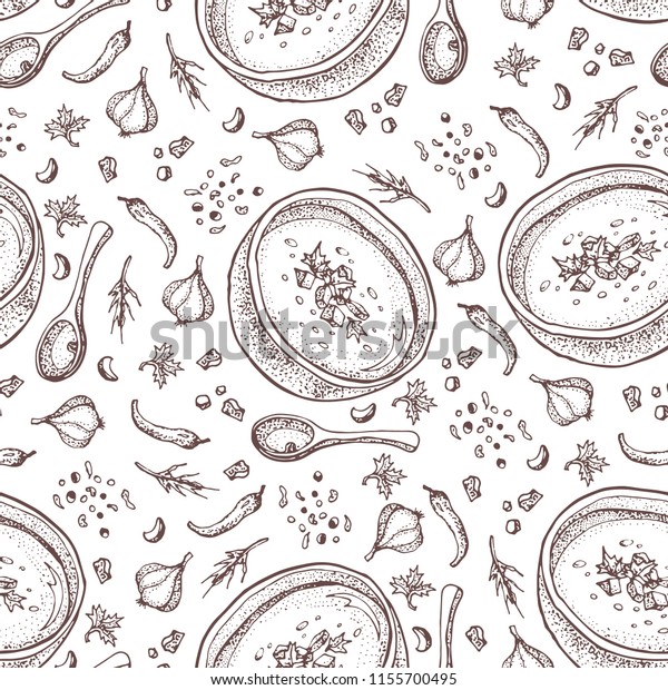 Pumpkin cream soup vector seamless pattern. Isolated\
hand drawn bowl of soup, spoon, spices, sliced piece of pumpkin and\
seeds. Vegetable doodle style background. Detailed vegetarian food\
sketch. 